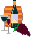 Wine cask, bottle, glasses, grapes