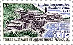 Postage stamp depicting lobster canning factory on St-Paul