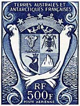 A 500-franc stamp, depicting the TAAF coat-of-arms